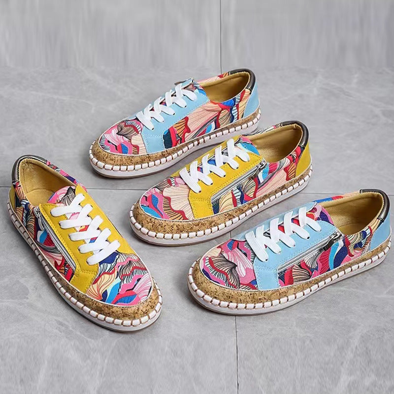 Wholesale New Ethnic Style Color Matching Printing Thick Bottom Sports Style Low Top PU Shoes
